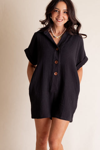 Taking Me Home Button Down Romper - Black