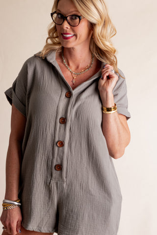 Taking Me Home Button Down Romper - Olive