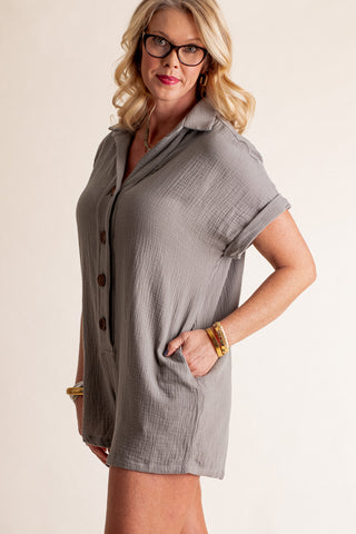 Taking Me Home Button Down Romper - Olive