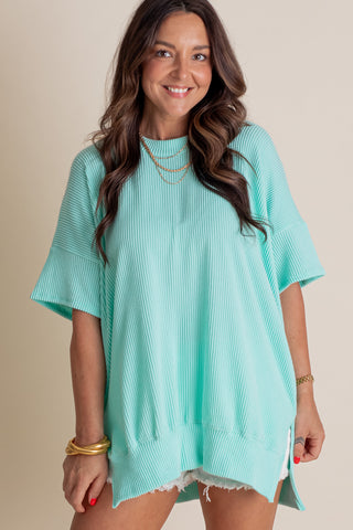Jump For Joy Short Sleeve Urban Ribbed Top with Side Slit *Final Sale*