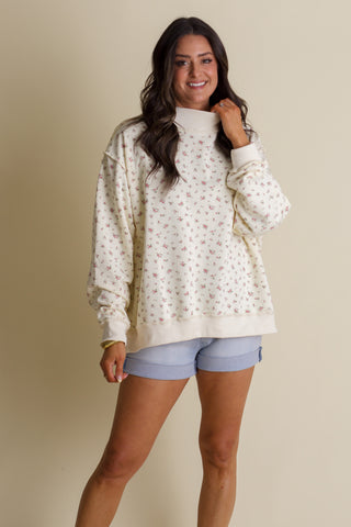 Floral Print Oversized Mock Neck Sweatshirt - Cream