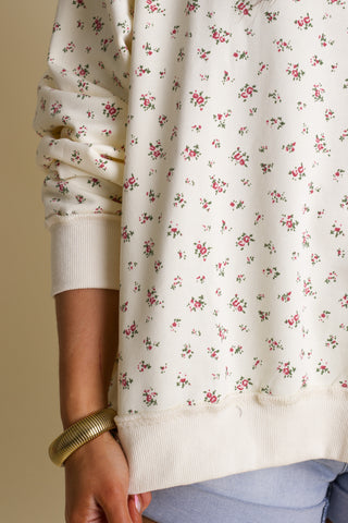 Floral Print Oversized Mock Neck Sweatshirt - Cream