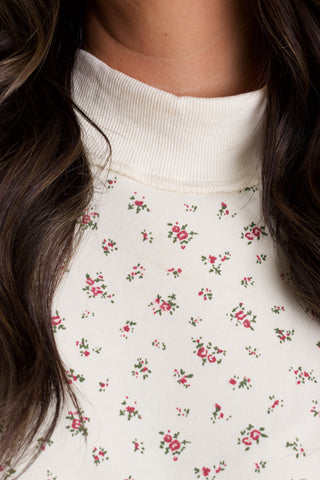 Floral Print Oversized Mock Neck Sweatshirt - Cream