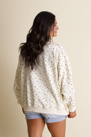 Floral Print Oversized Mock Neck Sweatshirt - Cream