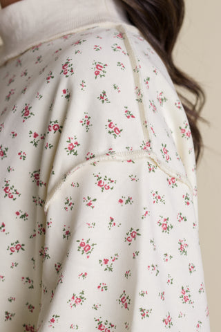 Floral Print Oversized Mock Neck Sweatshirt - Cream