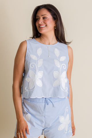 Soft Sky Floral Patch Top - Light Blue