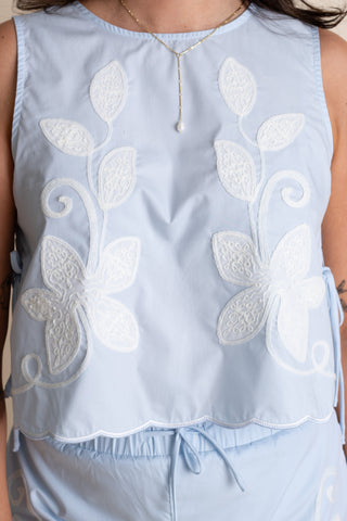 Soft Sky Floral Patch Top - Light Blue